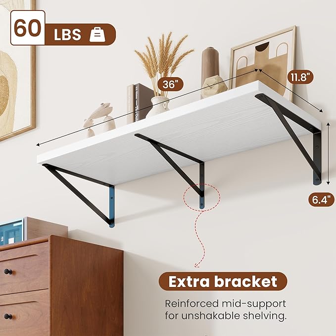 Deep Wall Shelves 36"W x 12"D Engineered Wood Floating Shelves for Wall, Sturdy Metal Bracket Bookshelves Home Decor Storage for Living Room Bedroom Bathroom Kitchen, Set of 2, White Finish