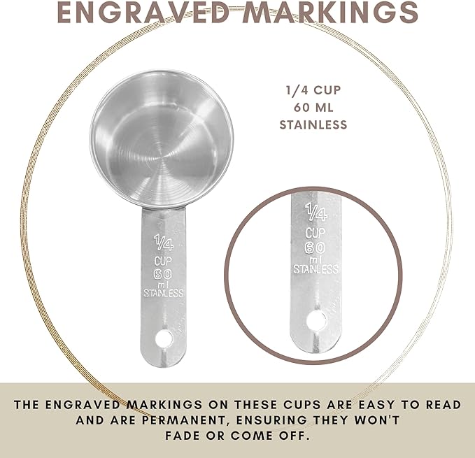 1/4 Cup Stainless Steel Measuring Cup | Sturdy Metal 60 ml | 60 cc | 2 oz | Single Cup for Wet and Dry Ingredients | Great for use as 1/4 Cup Dog Food Scoop - 4 PK