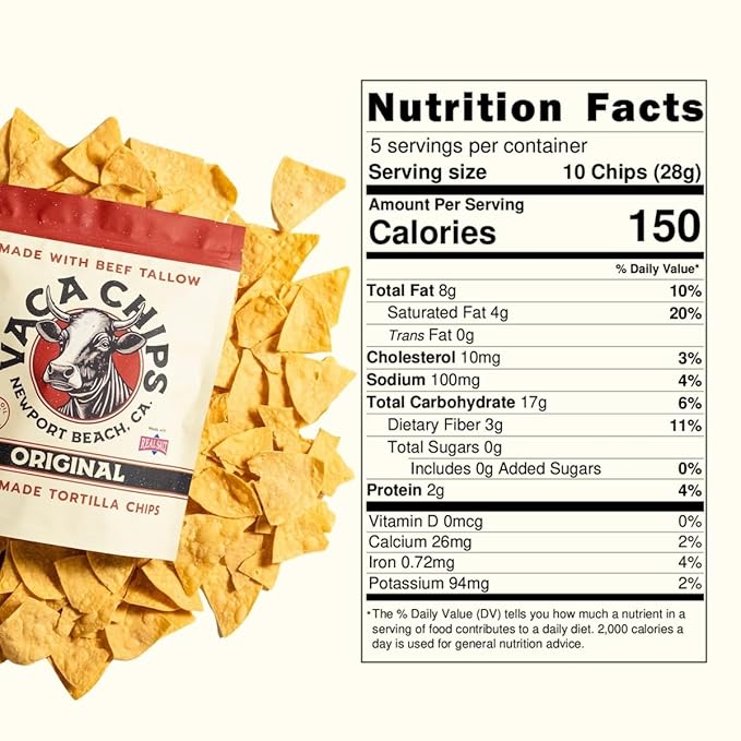 Vaca Chips – Beef Tallow Tortilla Chips, Original Flavor – 3 Pack of 5 oz Bags – Seed Oil Free Snack Made with Organic Corn & Sea Salt – Gluten Free, No Preservatives, Cooked in Beef Tallow