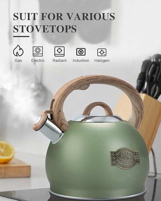 Tea Kettle Stovetop, 2.7 Quart Stove Top Whistling Tea Kettle, Teapot Kettles with Food Grade Stainless Steel and Wood Pattern Handle, Suitable for All Heat Sources