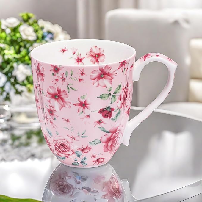 14oz Bone China Coffee Mugs for Women Floral Coffee Mug Tea Cups Novetly Coffee Cups Gift for Women Mom Friends (Pink rose)