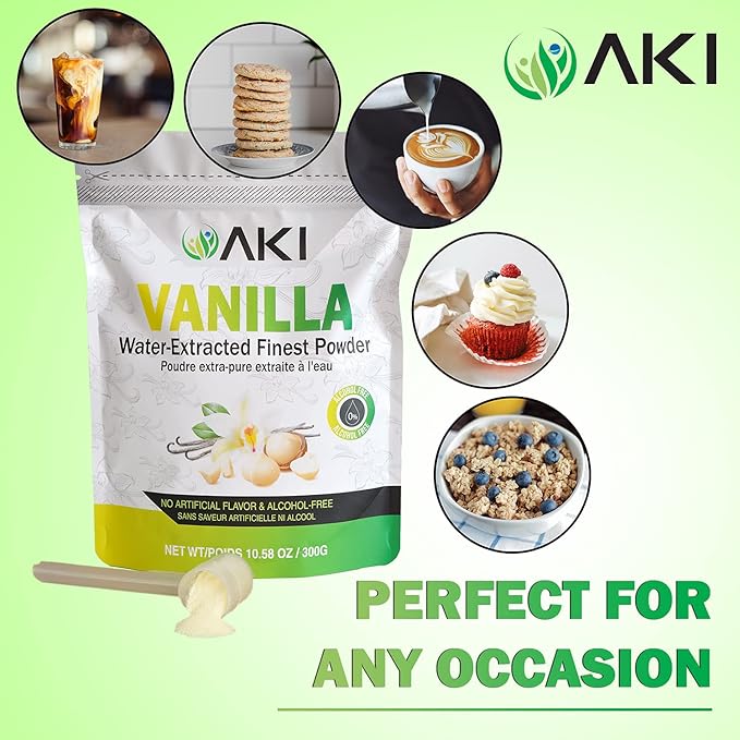 AKI Vanilla Extract Powder from Authentic Beans for Delicious Flavoring, Cooking, Baking, Drinks, Tea, Coffee, Smoothies, Cocktails - Sugar-Free & Alcohol-Free (10.58OZ/300g)