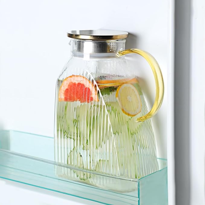 Glass Pitcher with Lid 1.8L, Borosilicate Glass Water Jug for Refrigerator Door, Hot & Cold Beverages, Leak-Proof Stainless Steel Lid with 2 Filter Holes for Iced Tea, Juice, Coffee, Milk