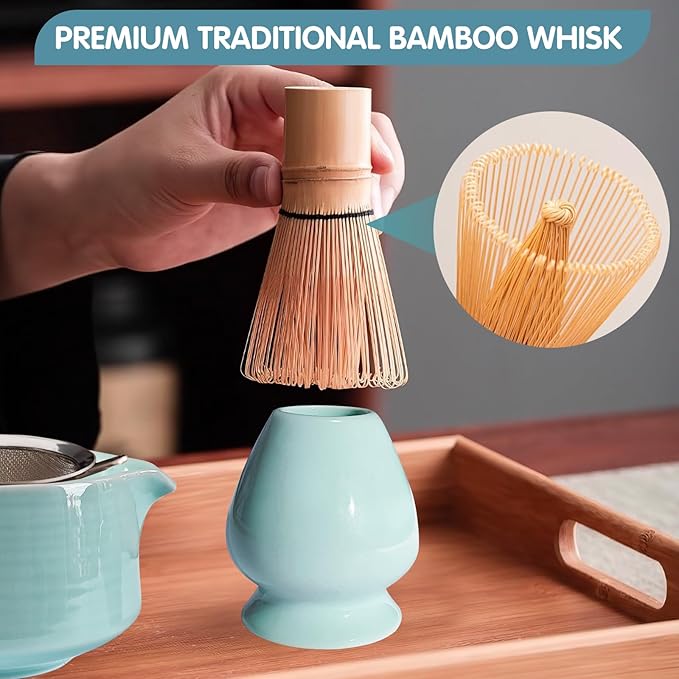 Matcha Whisk Set, Matcha Bowl, Matcha Whisk,Chasen Holder, Sieve, 2 Spoons, 6-Piece Set of Matcha Making Tools for Matcha Lovers and Traditional Tea Art Gift Box(Green)