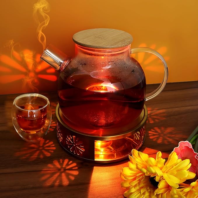 Tea Warmer Chrysanthemum Silhouette, JUKFITA Gold Brushed Stainless Steel Teapot Warmer, Includes 1 Tealight Holder