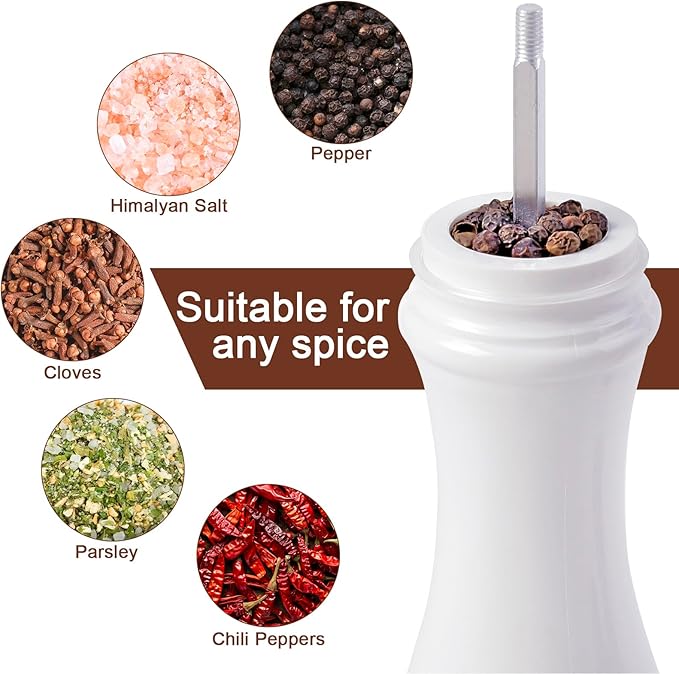 LHS Pepper Mill Grinder Salt Grinder, Arcylic Peppercorn Grinders with Adjustable Ceramic Grinding Core (8 Inch,White)