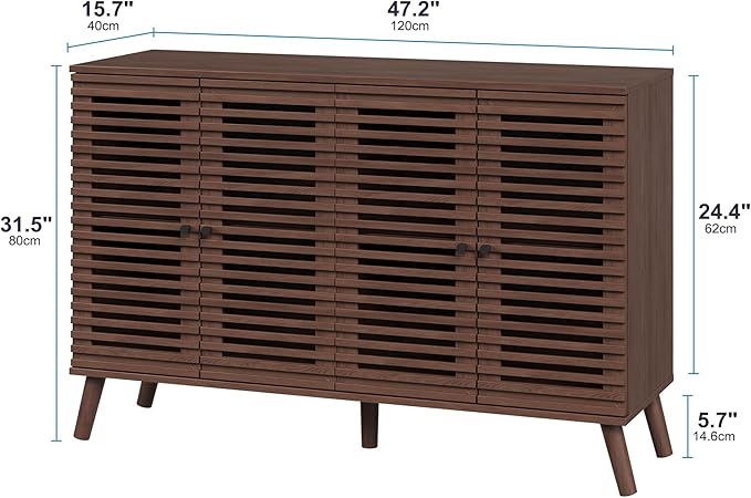 47" W Buffet Cabinet with 4 Slatted Doors, Mid-Century Buffet Sideboard with Shelves, Accent Storage Cabinets Cupboard Console for Living Room Kitchen Hallway, Walnut