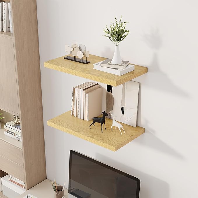 Dreamland 24" Floating Shelves for Wall, 12" Deep Slim Oak Floating Shelves, Wall-Mounted Shelves for Bedroom, Living Room, Kitchen, Bathroom - Set of 2