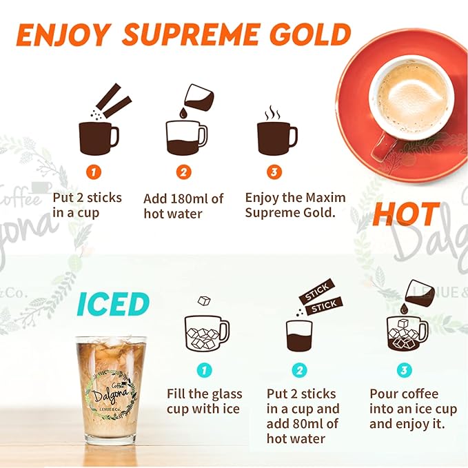 Korean Latte - Korean 3 in 1 Instant Coffee Variety Sample Packets with Gift Box Set, Maxim Supreme Gold Maxim instant Coffee 2 Mix Combination 18 Sticks