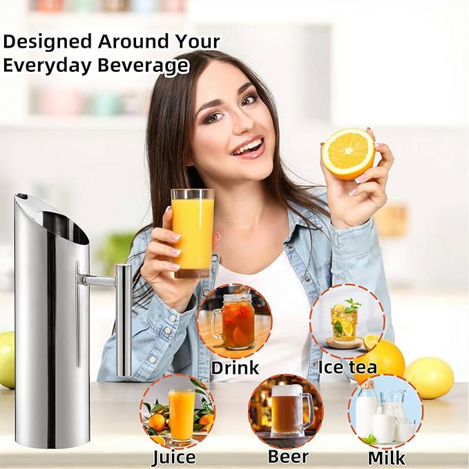 53oz/1.5L Stainless Steel Water Pitcher, Modern Metal Kettle with Ice Guard, Silver Carafe Drink Pitcher with Handle, Straight Bottle Beverage Container for Iced/Hot Tea, Juice, Coffee, Milk