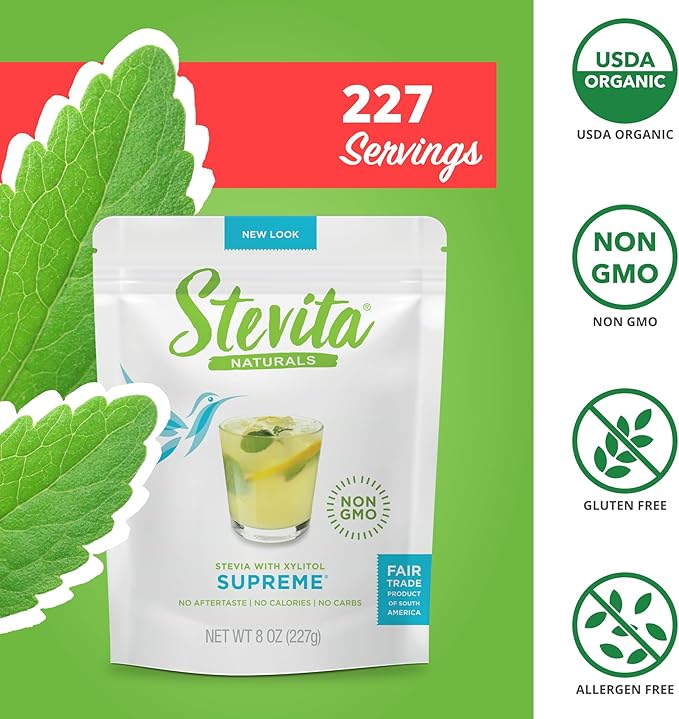 Stevita Stevia with Xylitol Supreme - 8 oz Pouch - All-Natural Stevia Extract, Natural Sweetener, No Calories - Non-GMO, Vegan, Kosher, Keto, Paleo, Gluten Free, Erythritol-Free - 227 Servings
