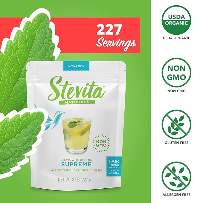 Stevita Supreme with Xylitol Pouch - 8 oz - Pack of 2 - All-Natural Sweetener - USDA Organic, Non-GMO, Vegan, Kosher, Keto, Paleo, Gluten Free, Erythritol-free - 454 Total Servings