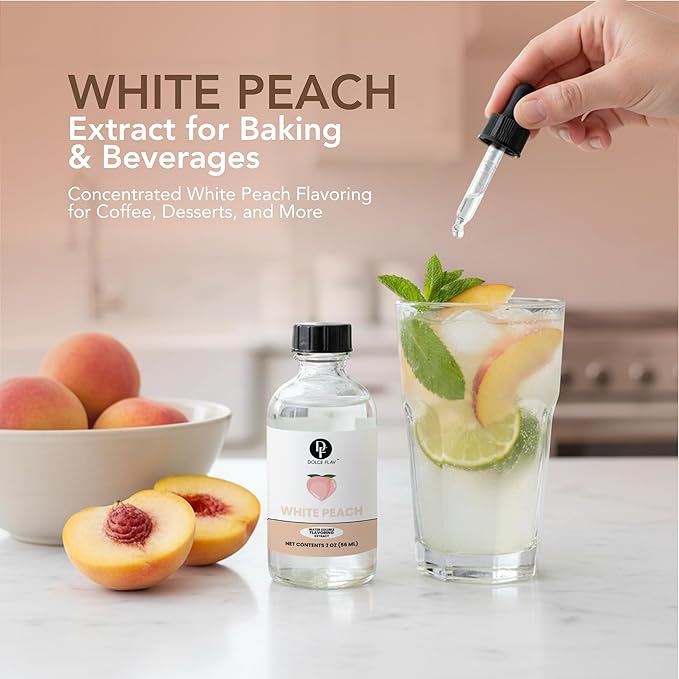 Dolce Flav Natural White Peach Extract 2 oz – Kosher, Sugar-Free, Concentrated Sweet White Peach Flavoring for Beverages, Desserts & Baking, Includes Measured Dropper