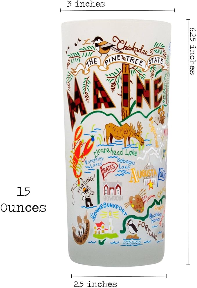 Catstudio Drinking Glass, Maine Frosted Glass Cup for Kitchen, Drinking Glasses, 15oz Dishwasher Safe Tumbler for Maine Lovers