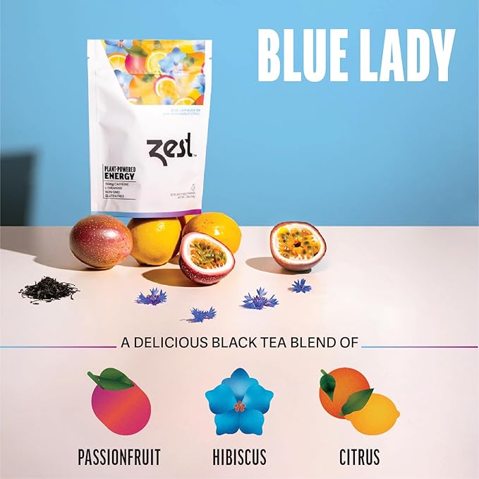 Zest Energy Tea Bags – Blue Lady Passion Fruit Black Tea – High Caffeine Tea for Morning Energy, Focus & Clarity – Natural Caffeinated Tea with 150mg Caffeine – 20Ct Pack – Non-GMO & Keto Friendly
