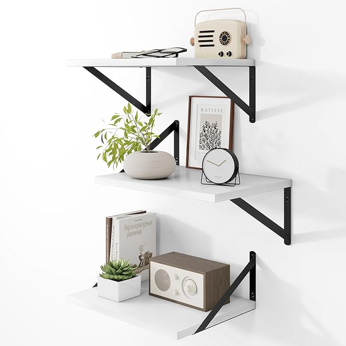 Heimlove Deep Floating Shelves for Wall, 12 Inch Deep Floating Shelves Set of 3, 16W x 12D Wood Wall Shelves, Wide Wood Shelves with Metal Bracket for Living Room, Kitchen, Office, Bedroom - White