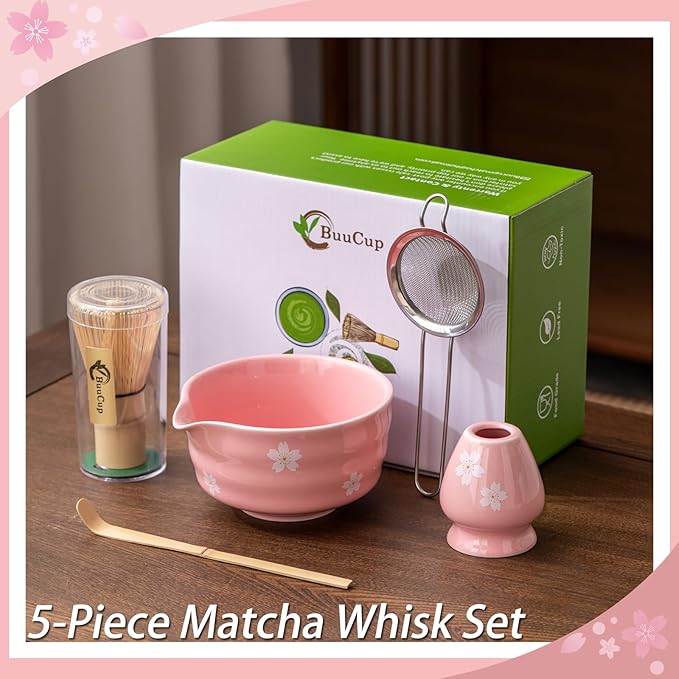 Matcha Whisk Set, Matcha Bowl with Spout, Matcha Whisk and Holder, Bamboo Matcha Scoop and Stainless Sifter，Ceramic Matcha Bowl Set (Pink)