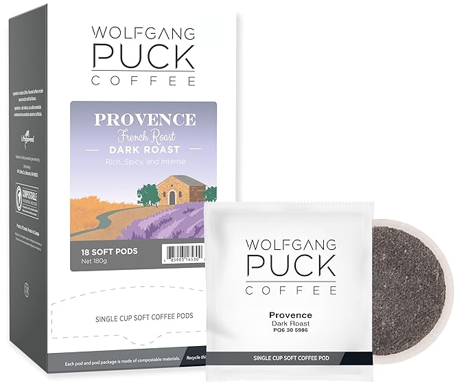 Wolfgang Puck Coffee, Provence French Roast, 9.5 Gram Soft Pods, 18 Count (Pack of 1)