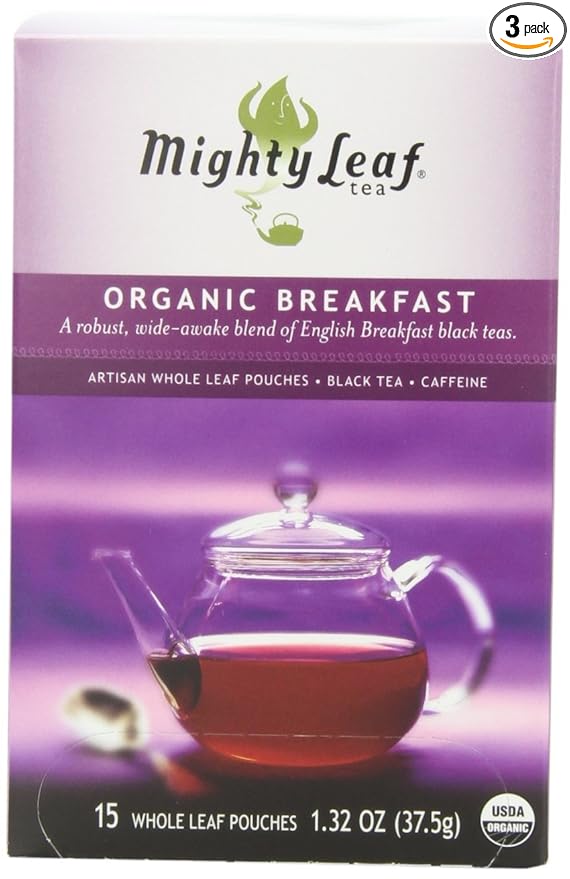 Mighty Leaf Organic Breakfast Black Tea – 45 Count (3 Packs of 15) Silken Pouches – Premium Whole Leaf Caffeinated Tea – Bold English Breakfast Blend for Hot or Iced Brewing