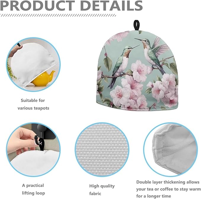 Hummingbird Tea Cosy for Teapot Peach Blossom Tea Cozy for Teapot Insulated Tie-Dye Kitchen Accessory Thick Teapot Cover Dust Home Decorative