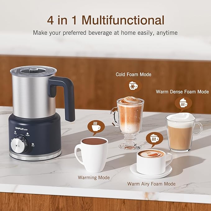 SIMPLETASTE Milk Frother, 4 in 1 Electric Milk Steamer, 16.91oz/500ml Automatic Warm and Cold Foam Frother for Coffee, Latte, Macchiato, Cappuccino, Hot Chocolate
