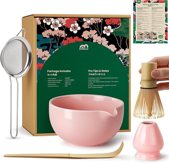 Matcha Whisk Set, Handcrafted Bamboo Chasen & Ceramic Bowl Matcha Kit,Complete 5 Pcs Pink Matcha Set Whisk and Bowl W/Stainless Steel Sifter,Bamboo Scoop & Holder for Matcha Tea Ceremony(Sakura Pink)