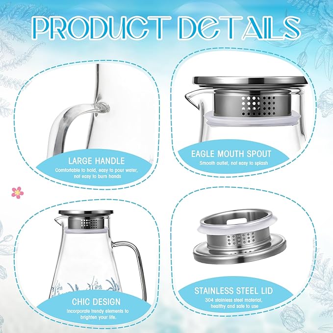 Domensi 74 oz / 2200 ml Glass Pitcher with Lid Water Pitcher with Handles Beverage Water Jar Glass Jug Hot and Cold Resistant Carafe for Tea Juice Milk Coffee Iced Beverage(Retro Flowers)