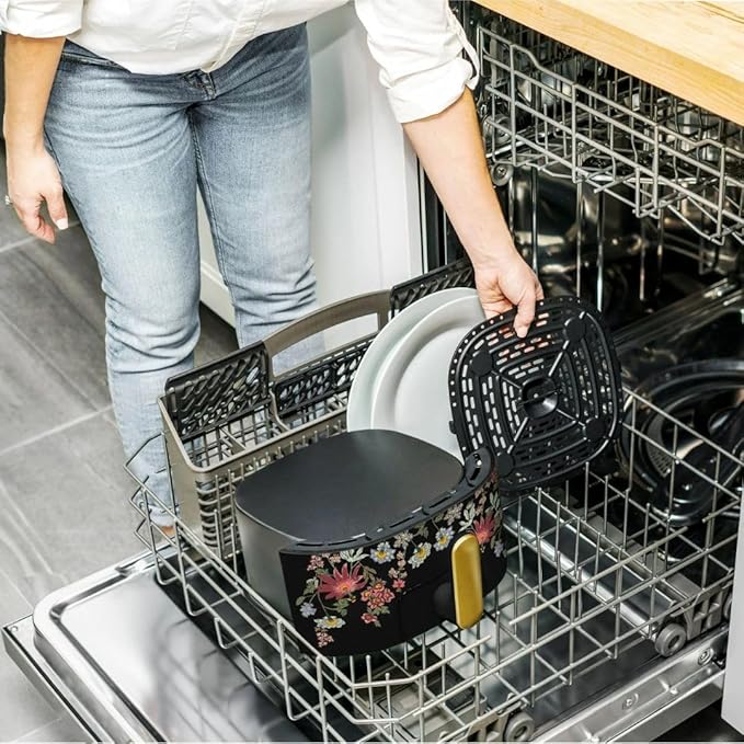 Beautiful by Drew Barrymore 6-Quart Digital Air Fryer, TurboCrisp Technology, Touch-Activated Display, 1750W, 90–400°F, Dishwasher-Safe Basket (BLACK WILDFLOWER)