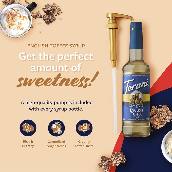 Torani Sugar Free Coffee Syrup, English Toffee Flavored Syrup for Drinks, Zero Calorie, Pump Included, 25.4 Fl Oz