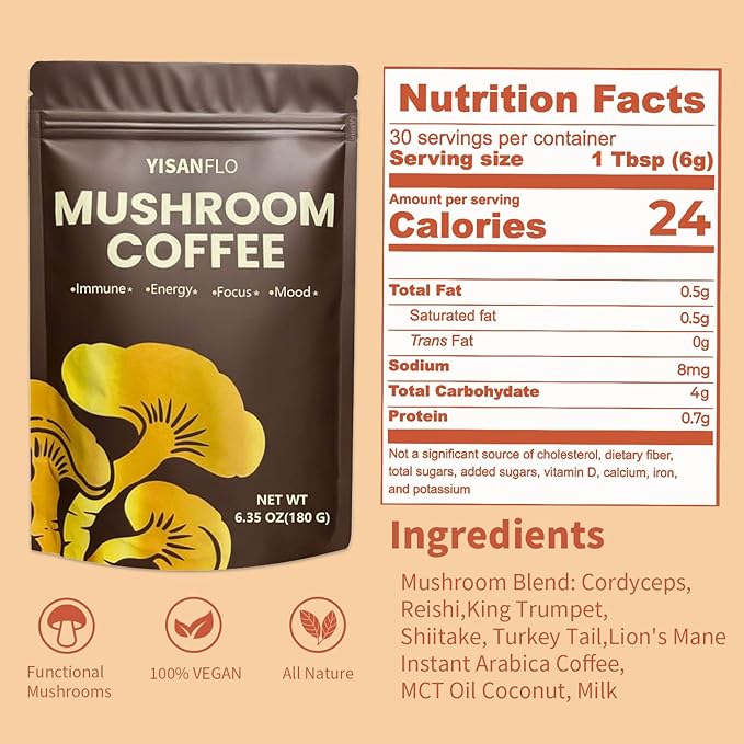 YISANFLO Mushroom Coffee, 6 Superfood Mushrooms and MCT Oil, Organic Mushroom Coffee Instant for Energy, Focus, Immune Support with Lion's Mane, Shiitake, Reishi and Turkey Tail, 30 servings