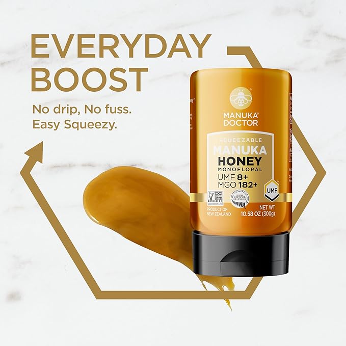 Manuka Doctor - Manuka Honey Squeezy MGO 182+ / UMF8 Dual Rated Monofloral, 100% Pure New Zealand Honey. Certified. Guaranteed. Raw. Non-GMO (10.58 oz)