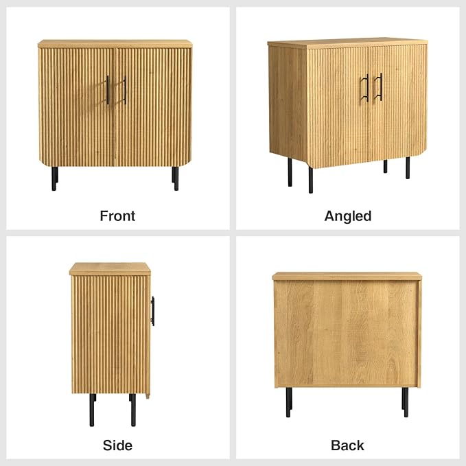 Vabches Fluted Natural Storage Cabinet, 2 Doors Modern Sideboard Buffet Cabinet with Adjustable Shelves and Metal Leg, Accent Cabinet for Living Room, Dining Room, Entryway (Natural & Black)