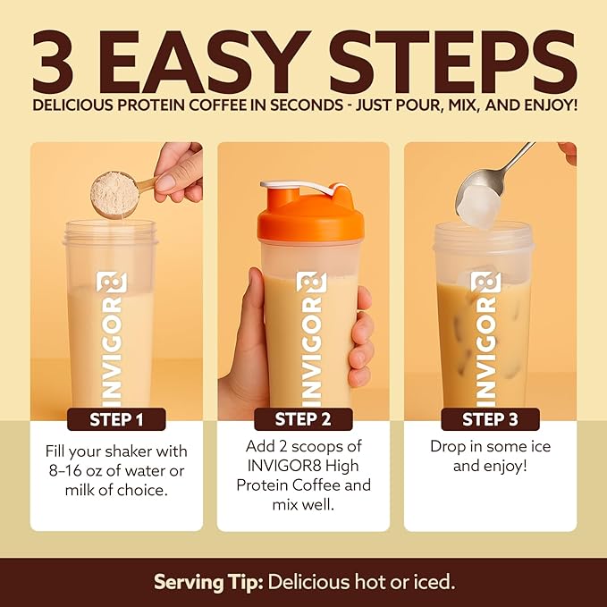 INVIGOR8 High Protein Coffee Powder 25 Grams Whey Isolate100mg Natural Green Tea Caffeine | 0 Added Sugar Keto Gluten Free 99.9% Lactose Free | Hot or Iced15 Serving 15 Servings (17 OZ, Original)