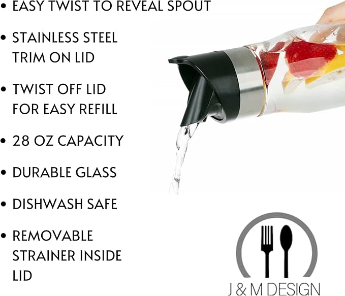 J&M DESIGN 28 OZ Glass Pitcher With Lid Water Carafe Easy Twist Stainless Steel & Plastic Lid Removeable Strainer For Juice Beverage drinks Iced Coffee Milk Container Bottle Jar Mimosa Bar Supplies