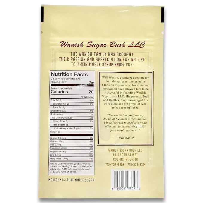 Wanish Sugar Bush Organic Maple Sugar - 100% Pure, Granulated Maple Sugar from the Lush Northwoods of Wisconsin, Perfect for Baking and Beverages - Natural Sweetener in 8 oz Bag