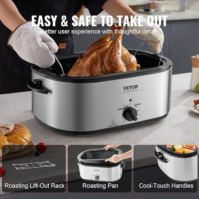 VEVOR Electric Turkey Oven, 26 QT Capacity with Auto-Basting Cover, 1450W, Features Defrost & Keep Warm Settings, Temperature Control, Includes Detachable Pan & Rack, Accommodates Up to 30LBS Turke