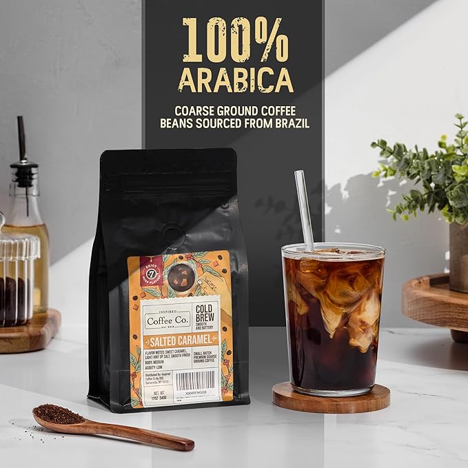 Inspired Coffee Co Cold Brew Coffee - Salted Caramel Flavored - Coarse Ground Beans For Perfect Medium Roast Low Acid Smoother Taste - 100% Arabica Grounds 12 oz. brew Resealable Bag