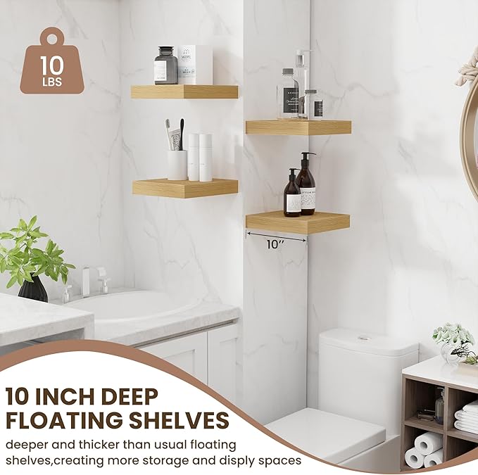 Fun Memories Floating Shelves for Wall - 10" x 10" Wood Shelf with Invisible Bracket - Deep Floating Shelves - 10 Inch Shelf Wall-Mounted for Living Room & Bathroom - Oak - Set of 2