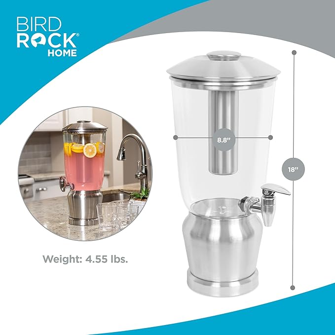 BirdRock Home 1.5 Gallon Stainless Steel Beverage Dispenser with Ice Container, Stand & Spigot - Round - BPA Free Clear Tritan Plastic