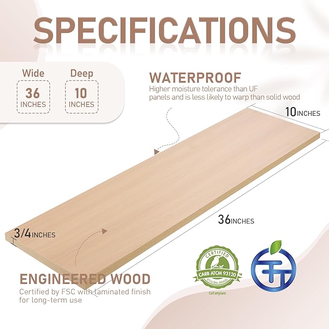 Kaboon 36 inch Long 10 inch Deep Floating Shelves for Wall Set of 2, Large Open Shelves Wall Mounted, Space Saving Home and Commercial Use, Light Walnut