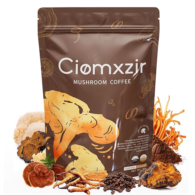 Mushroom Coffee, Instant Organic Mushroom Coffee with Cordyceps, Reish, Turkey Tail, Lions Mane for Energy, King Trumpet, Shitake, Focus,Positive Mood & Immune Support (30 Servings)