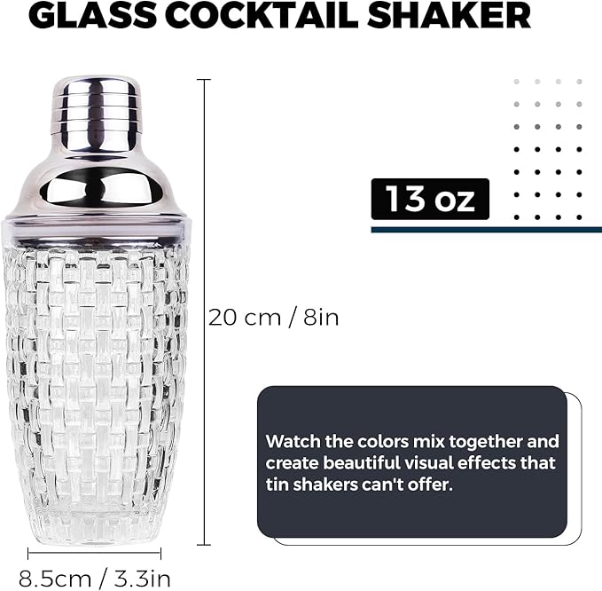 Cocktail Shaker Set - Martini Shaker, Drink Shakers Cocktail, Glass Shaker Bottle for Cocktails, Bars, Whiskey (Sliver)