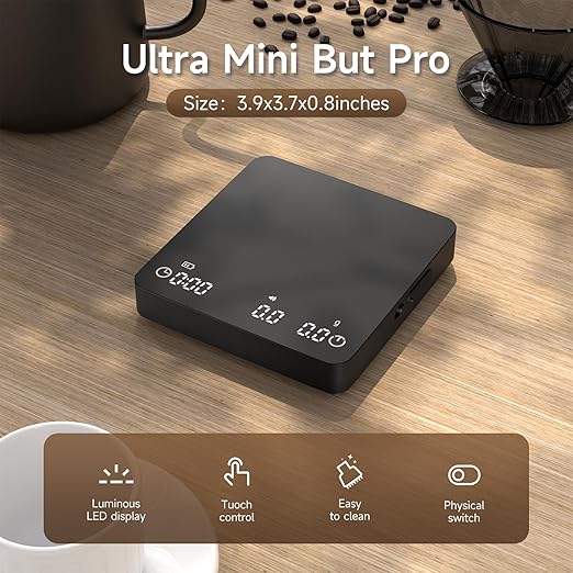 Digital Coffee Scale, 2kg/0.1g High Precision Mini Espresso Coffee Scale with Timer, Rechargeable, for Espresso and Pour-Over Coffee