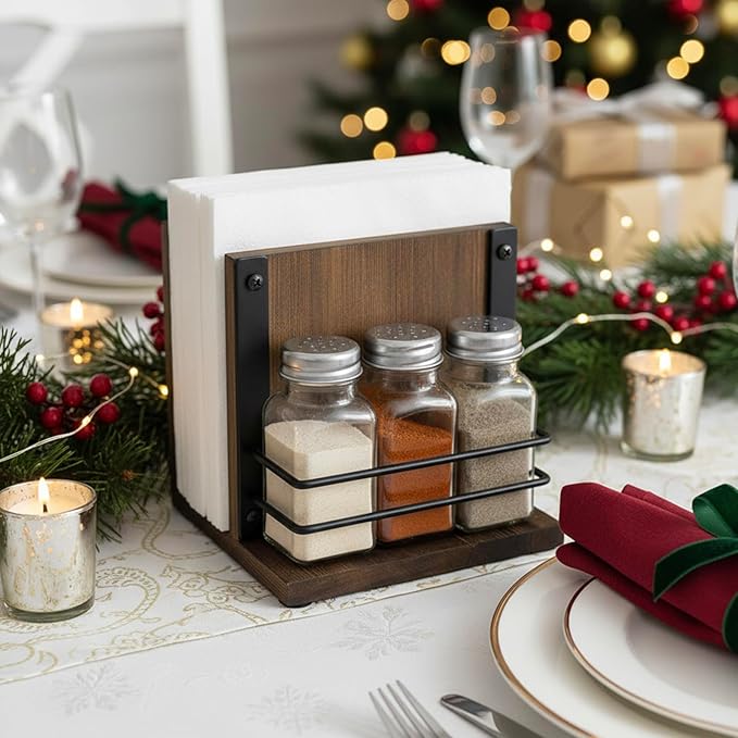 MyGift Napkin Holder with Salt and Pepper Shakers Set, Wood Tabletop Napkin Dispenser with Condiment Organizer and 3 Glass Shakers, Rustic Kitchen Décor