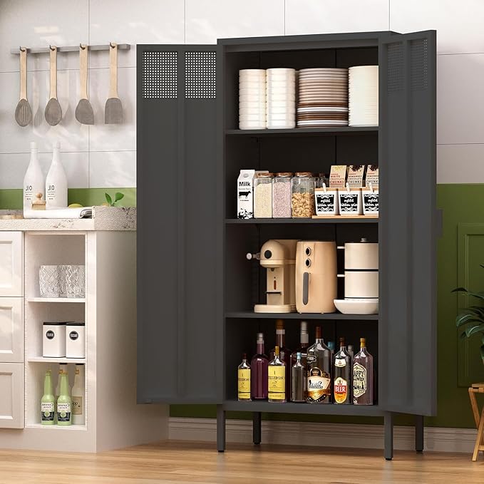 Metal Storage Cabinet with 2 Doors and 3 Adjustable Shelve,61" Black Kitchen Pantry Storage,Office Steel Cabinets Locker for Kitchen,Living Room,Dining Room,Home,Office