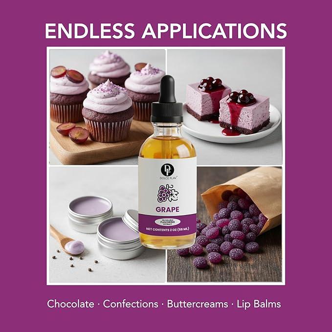 Dolce Flav Grape Extract – 2 Ounce Oil-Soluble Kosher, Sugar-Free, Concentrated Fruit Flavor for Candy, Chocolates & Desserts, Includes Measured Dropper