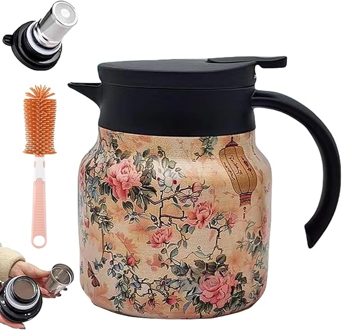 Vintage Floral Pattern Teapot – Built-In Infuser, 800ML/1000ML Heatproof Stainless Steel Teapot with Lid for Hot Drinks (Pink, 800ml-Plastic handle)