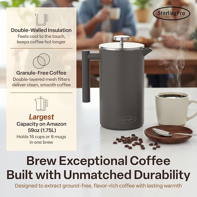 Extra Large French Press Coffee Maker 59 oz (1.75L), Large Capacity Stainless Steel Big French Press XL, Thermal Insulated Largest Coffee Maker with Double Walled Insulation, Gray