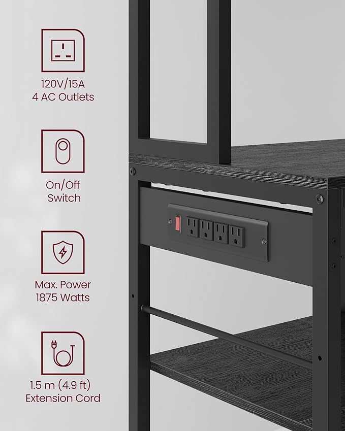 VASAGLE Bakers Rack with Charging Station, Coffee Bar, 15.7 x 39.4 x 71 Inches, Kitchen Microwave Stand, Adjustable Storage Shelves, Fabric Drawer, 12 Hooks, Charcoal Gray and Ink Black UKKS027B01