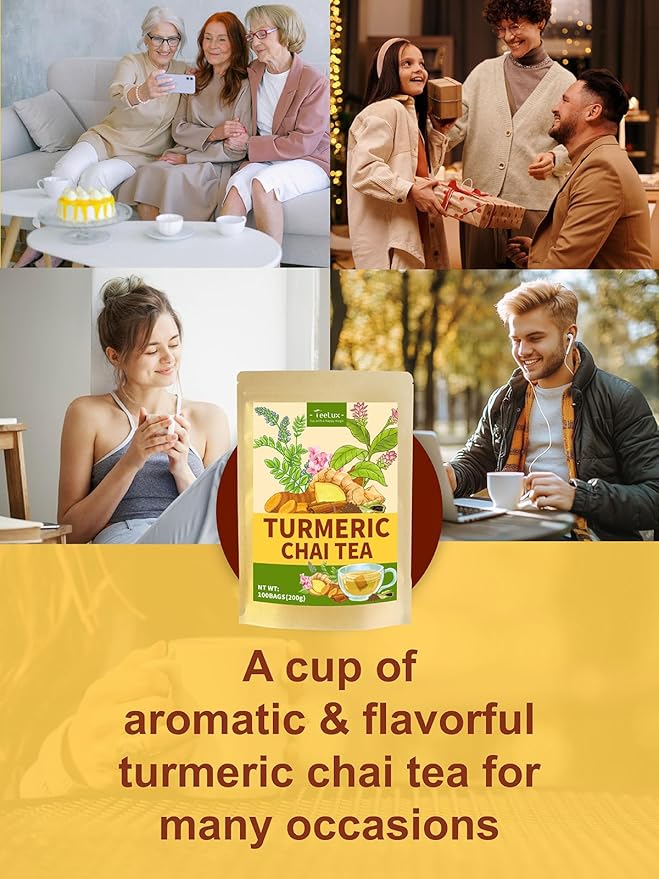 TeeLux Turmeric Chai Tea, Turmeric Tea with Licorice, Cinnamon, Ginger & Green Cardamom, Warming & Spicy Flavor, 100 Count